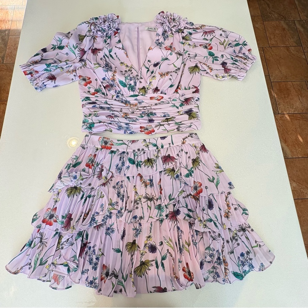 Revolve AMUR 2 Piece Top & Skirt Lavender Floral Tiered Skirt Rushed Top
